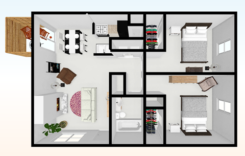 Floor plan for 2 beds, 1 bath, 950 sqft